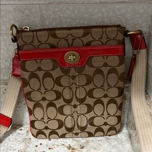 Coach Brown Signature Canvas Crossbody with Red Trim